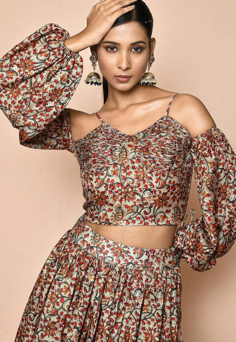 Digital Printed Chanderi Cotton Crop Top Set in Beige