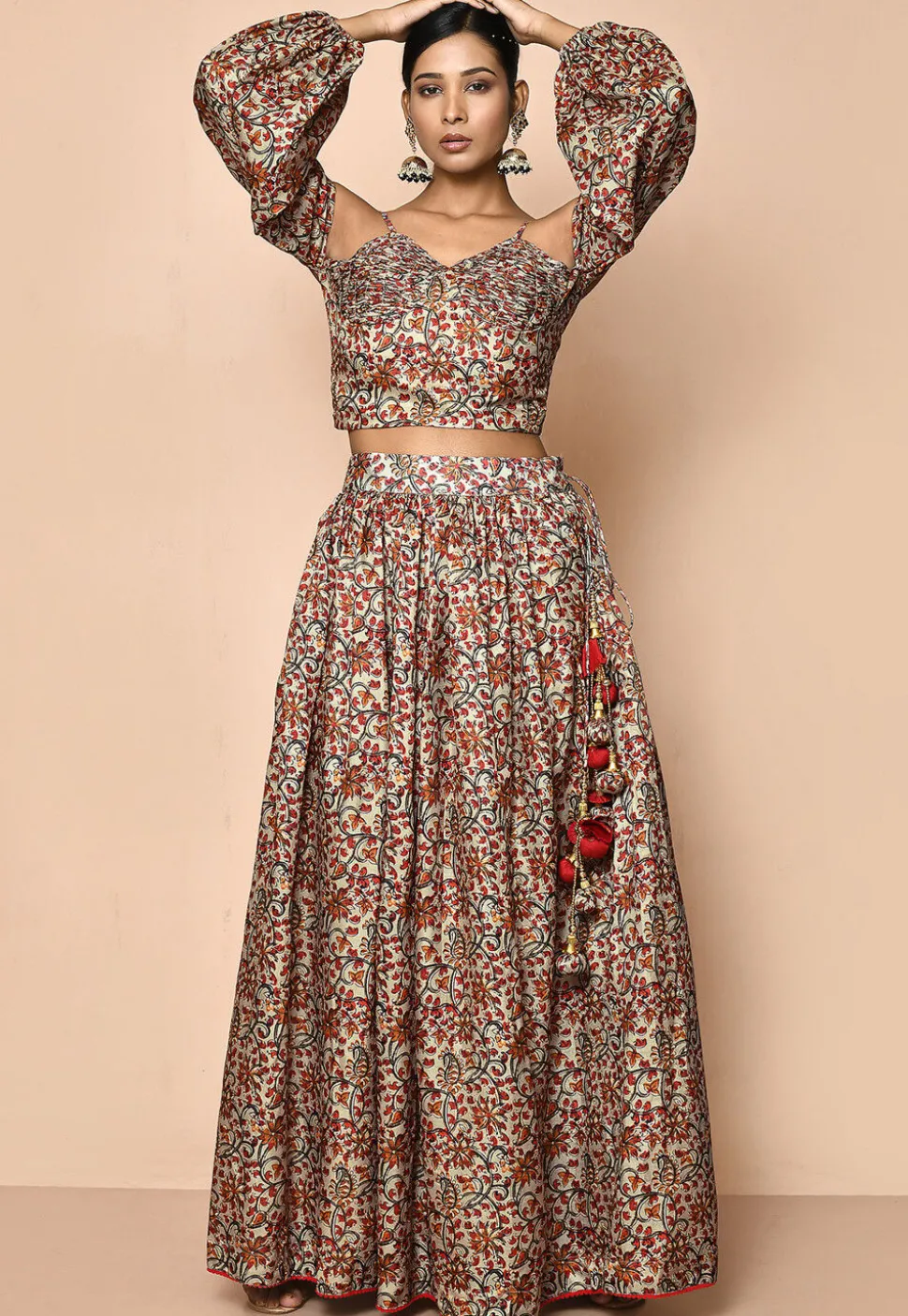 Digital Printed Chanderi Cotton Crop Top Set in Beige