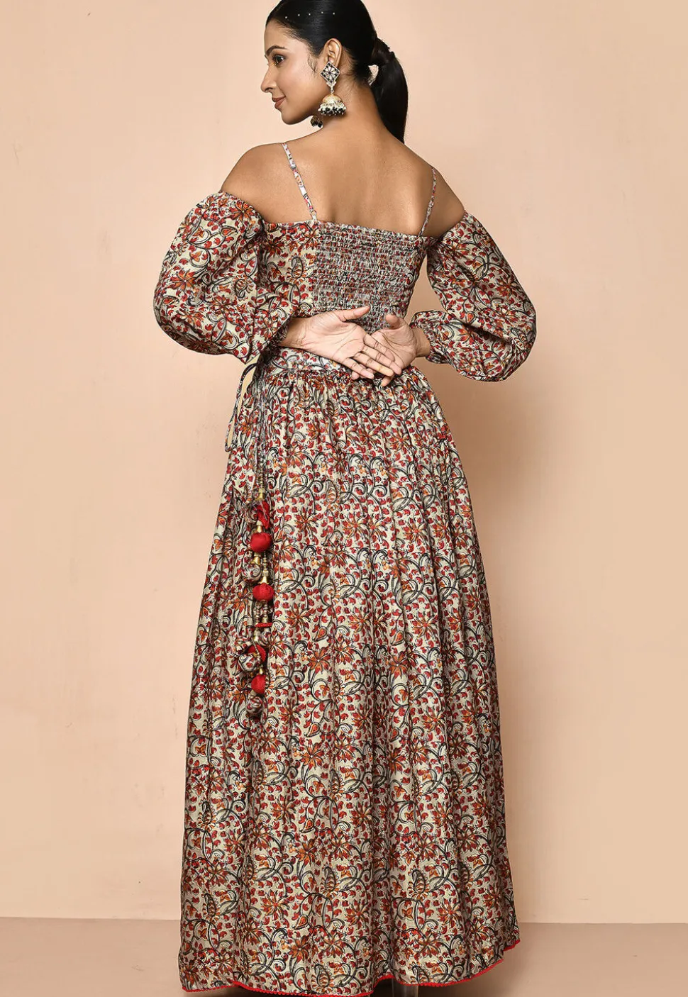 Digital Printed Chanderi Cotton Crop Top Set in Beige