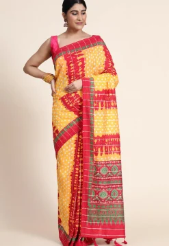 Digital Printed Chanderi Cotton Saree in Mustard & Red