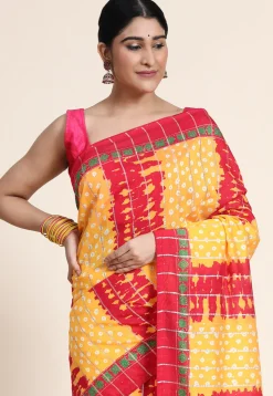 Digital Printed Chanderi Cotton Saree in Mustard & Red