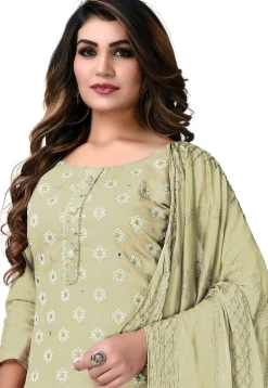 Digital Printed Chanderi Cotton Pakistani Suit in Light Olive Green