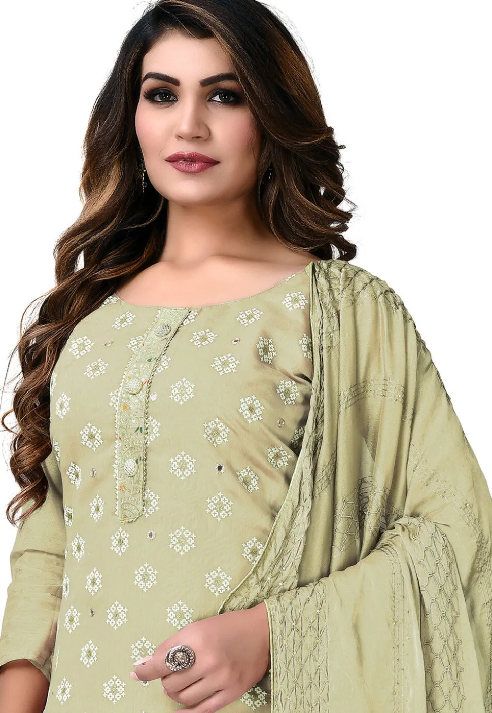 Digital Printed Chanderi Cotton Pakistani Suit in Light Olive Green