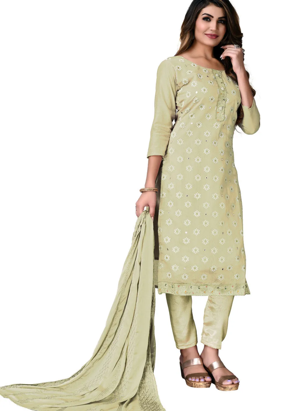 Digital Printed Chanderi Cotton Pakistani Suit in Light Olive Green