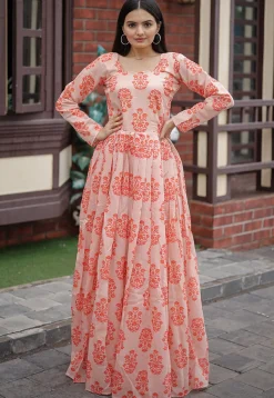 Digital Printed   Chanderi Cotton Maxi Dress in Peach