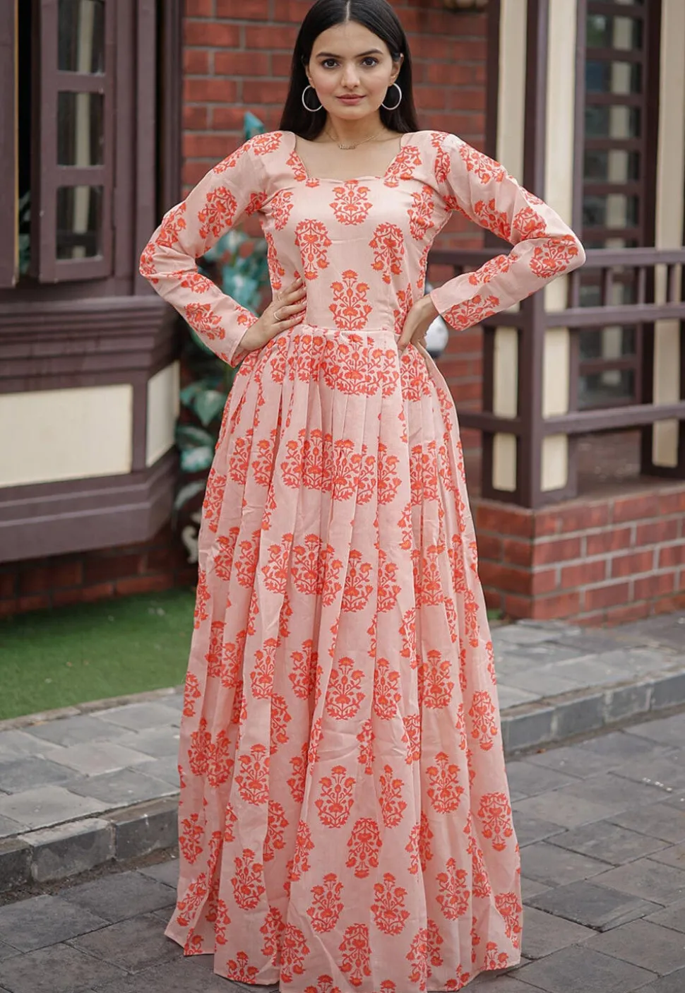 Digital Printed Chanderi Cotton Maxi Dress in Peach