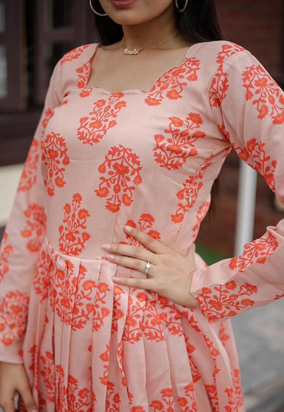 Digital Printed Chanderi Cotton Maxi Dress in Peach