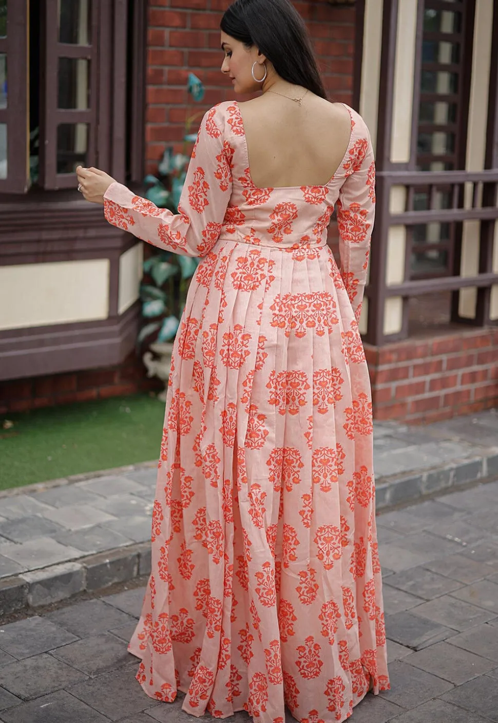 Digital Printed Chanderi Cotton Maxi Dress in Peach