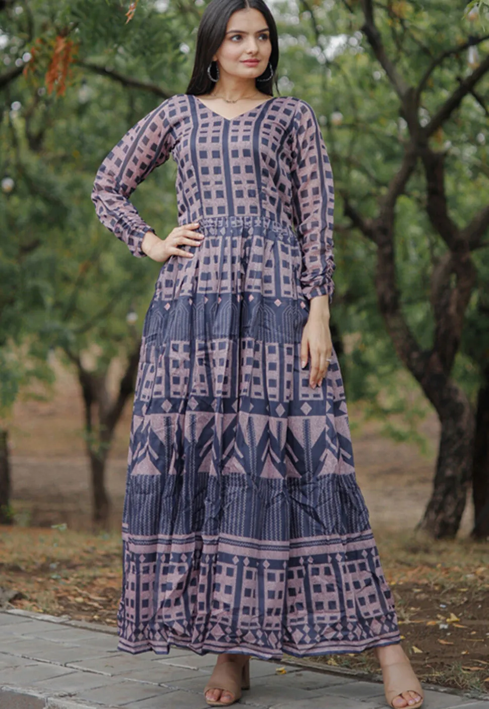 Digital Printed Chanderi Silk Gown in Blue