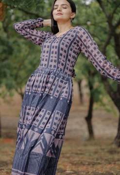 Digital Printed Chanderi Silk Gown in Blue