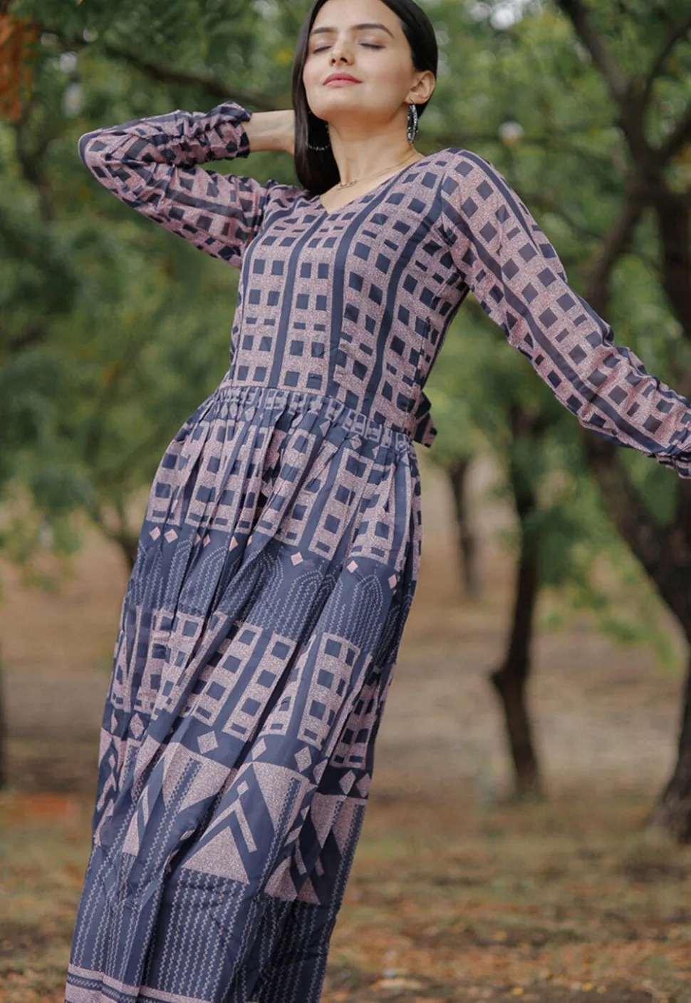 Digital Printed Chanderi Silk Gown in Blue