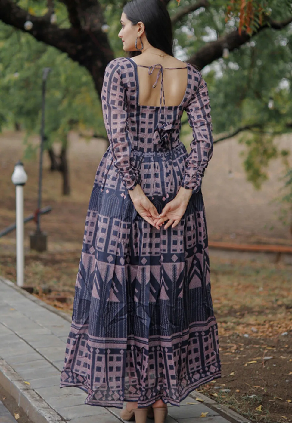 Digital Printed Chanderi Silk Gown in Blue