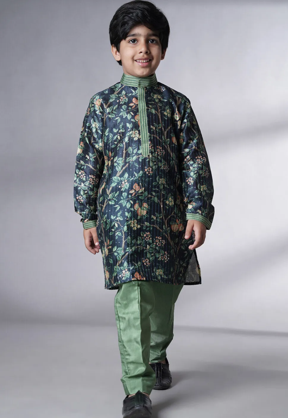 Digital Printed Chanderi Silk Kurta Set in Navy Blue