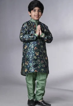 Digital Printed Chanderi Silk Kurta Set in Navy Blue