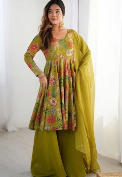 Digital Printed Chanderi Silk Pakistani Suit in Olive Green