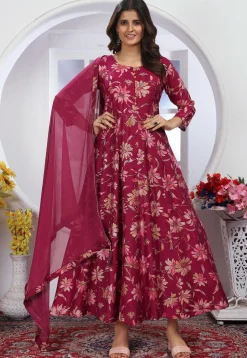 Digital Printed Chanderi Silk A Line Suit in Magenta