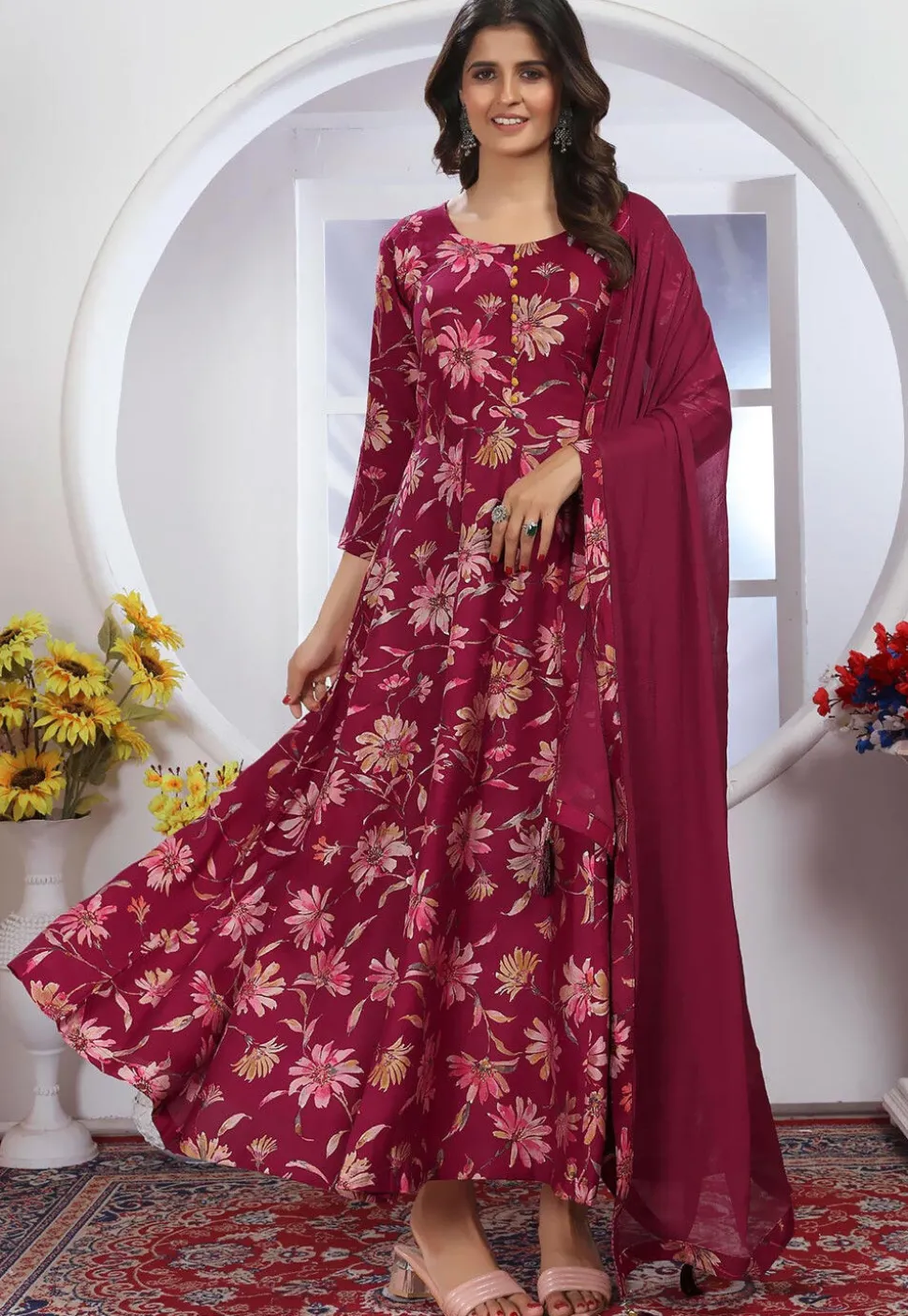 Digital Printed Chanderi Silk A Line Suit in Magenta
