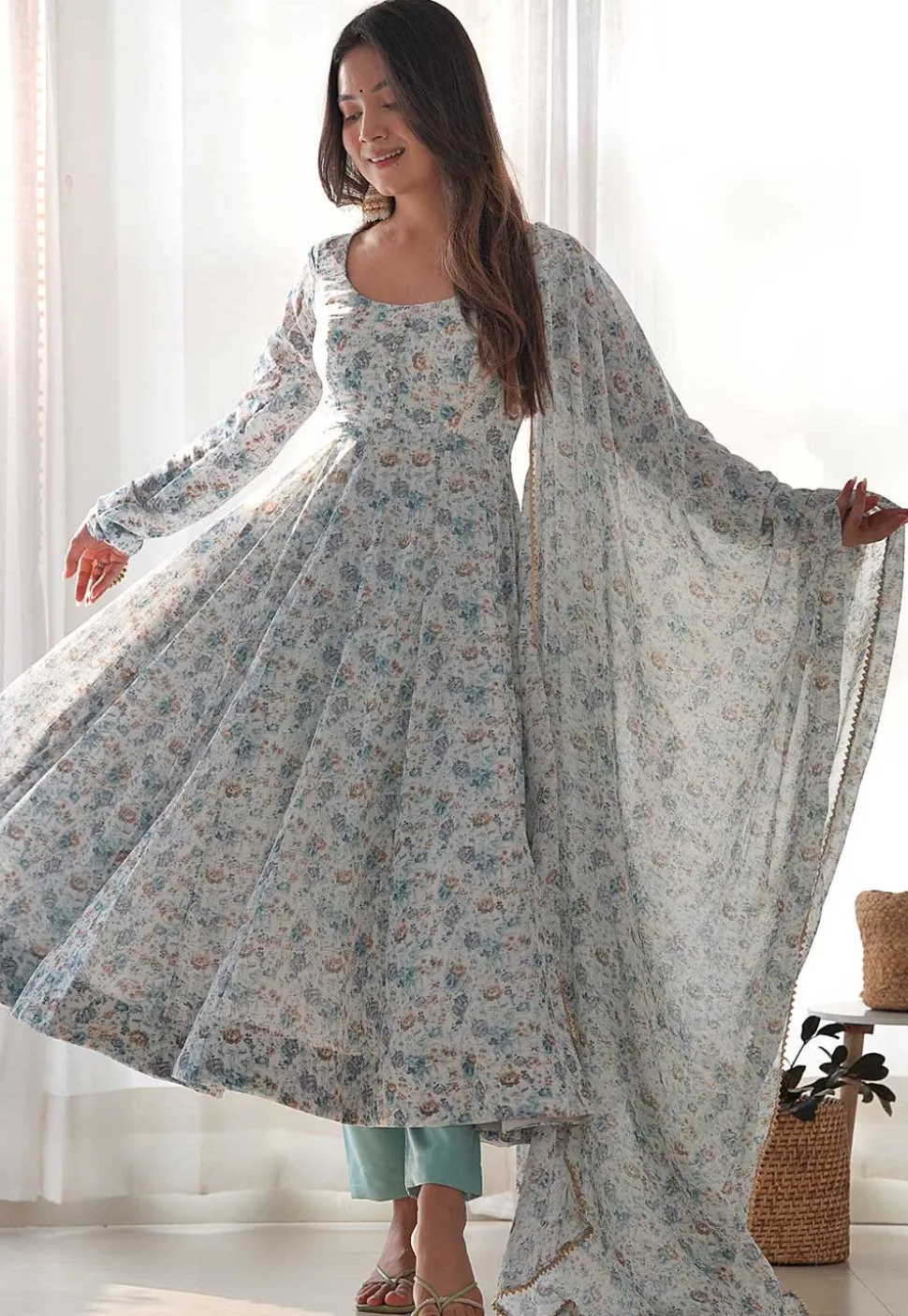 Digital Printed Chiffon Aline Suit in Light Sea Green