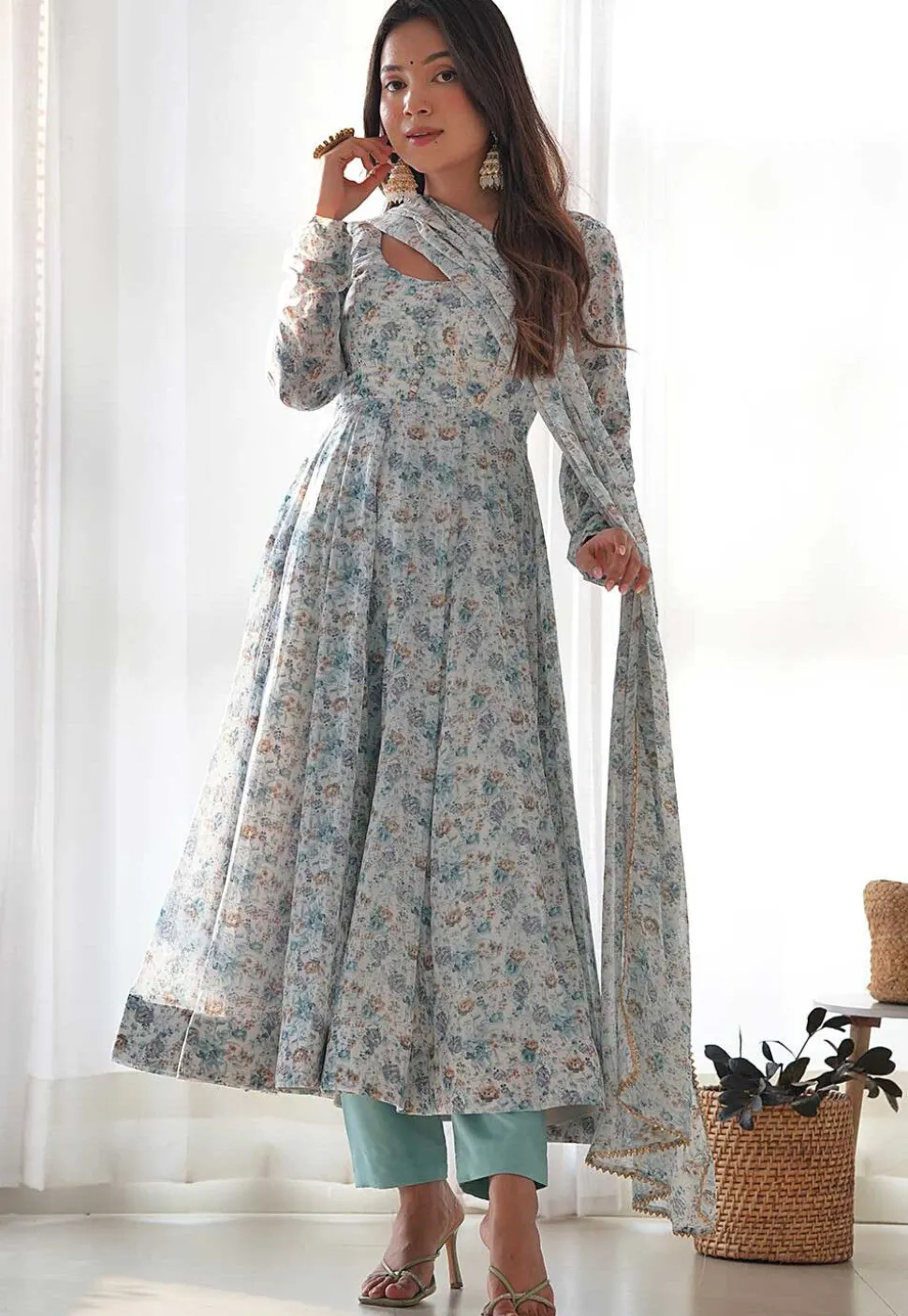 Digital Printed Chiffon Aline Suit in Light Sea Green