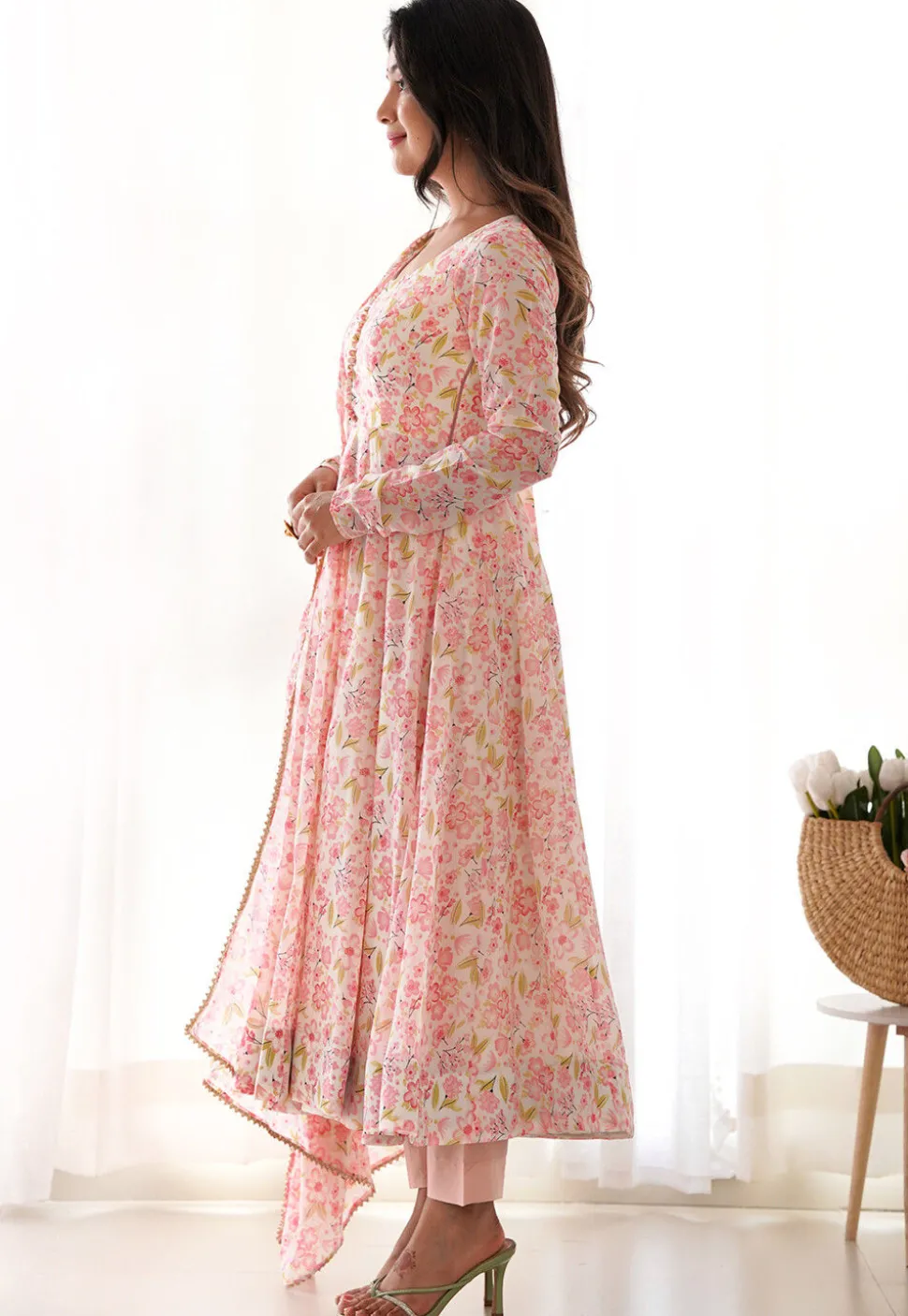 Digital Printed Chiffon A Line Suit in Baby Pink