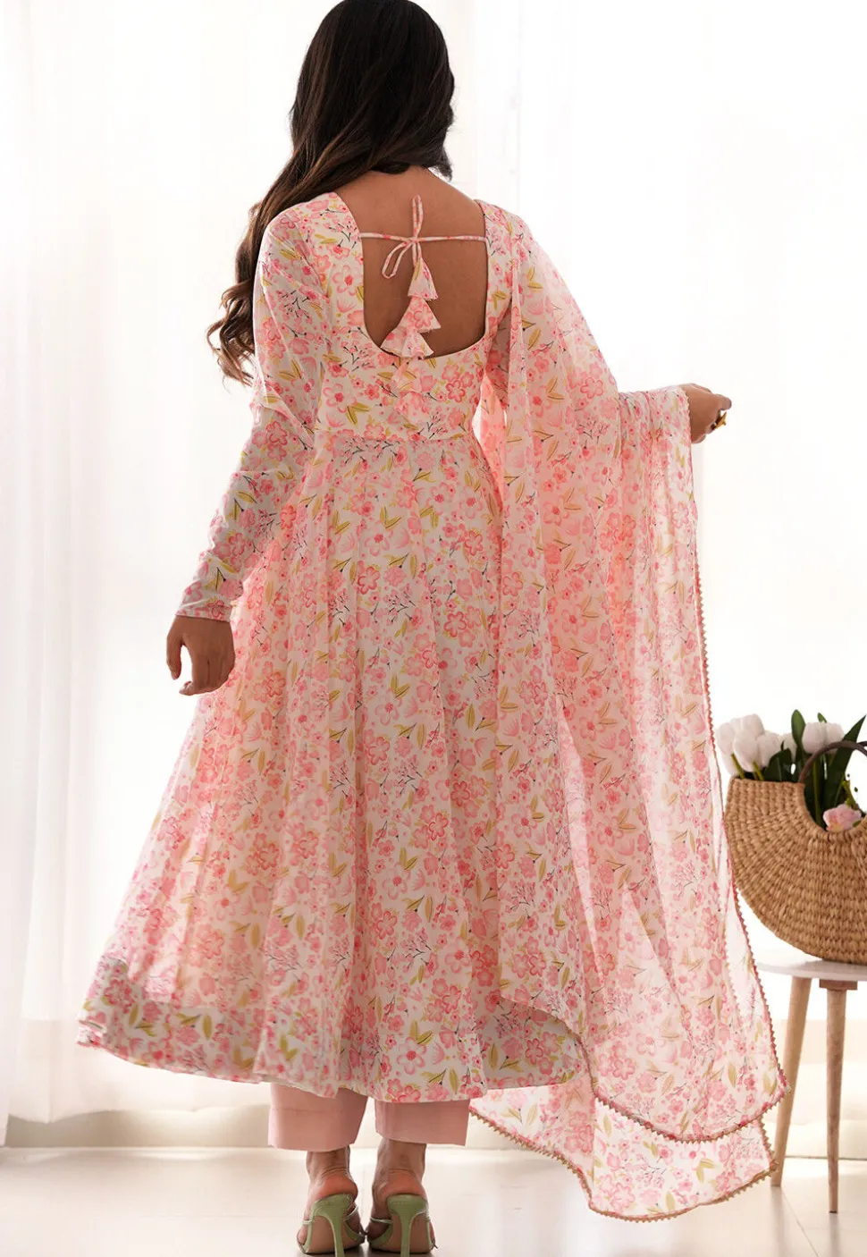 Digital Printed Chiffon A Line Suit in Baby Pink