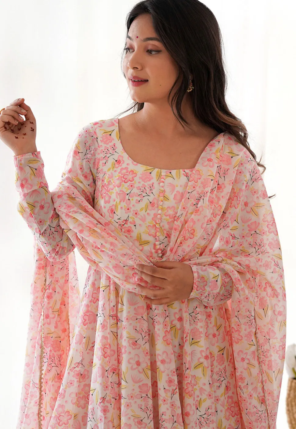 Digital Printed Chiffon A Line Suit in Baby Pink