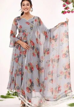 Digital Printed Chiffon A Line Suit in Grey