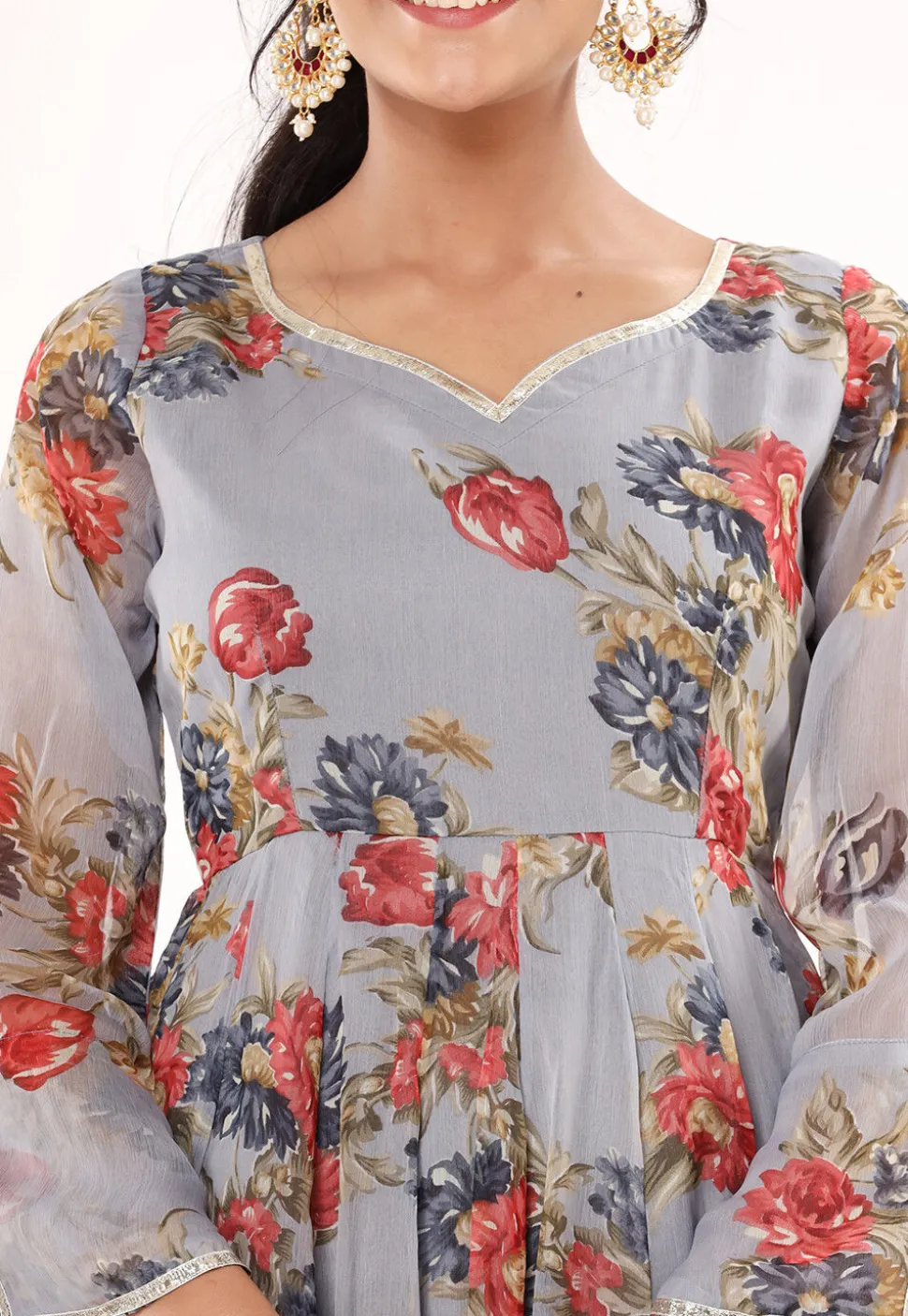Digital Printed Chiffon A Line Suit in Grey
