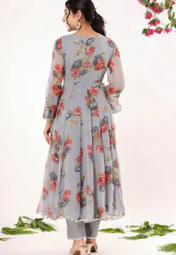 Digital Printed Chiffon A Line Suit in Grey