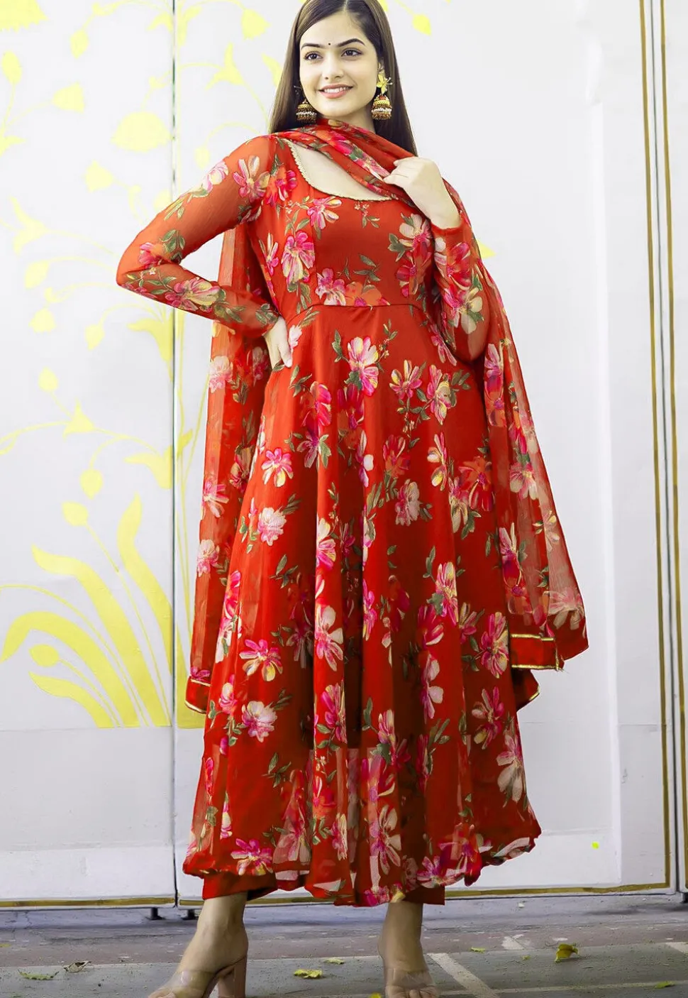 Digital Printed Chiffon A Line Suit in Red