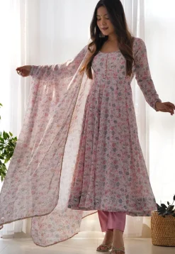 Digital Printed Chiffon A Line Suit in Off White