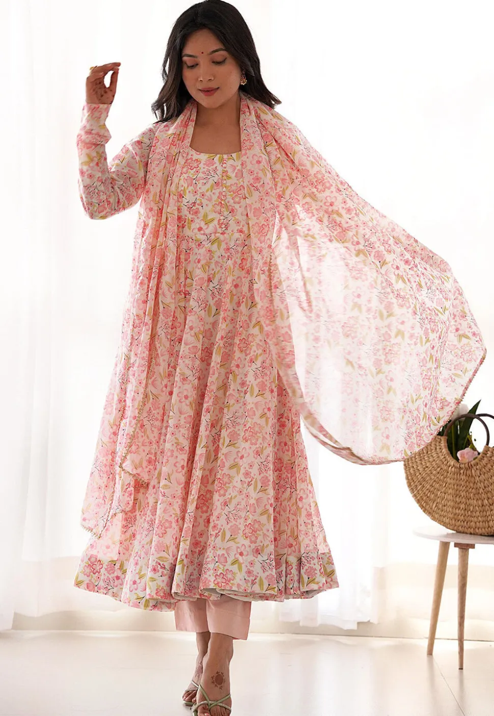Digital Printed Chiffon A Line Suit in Off White