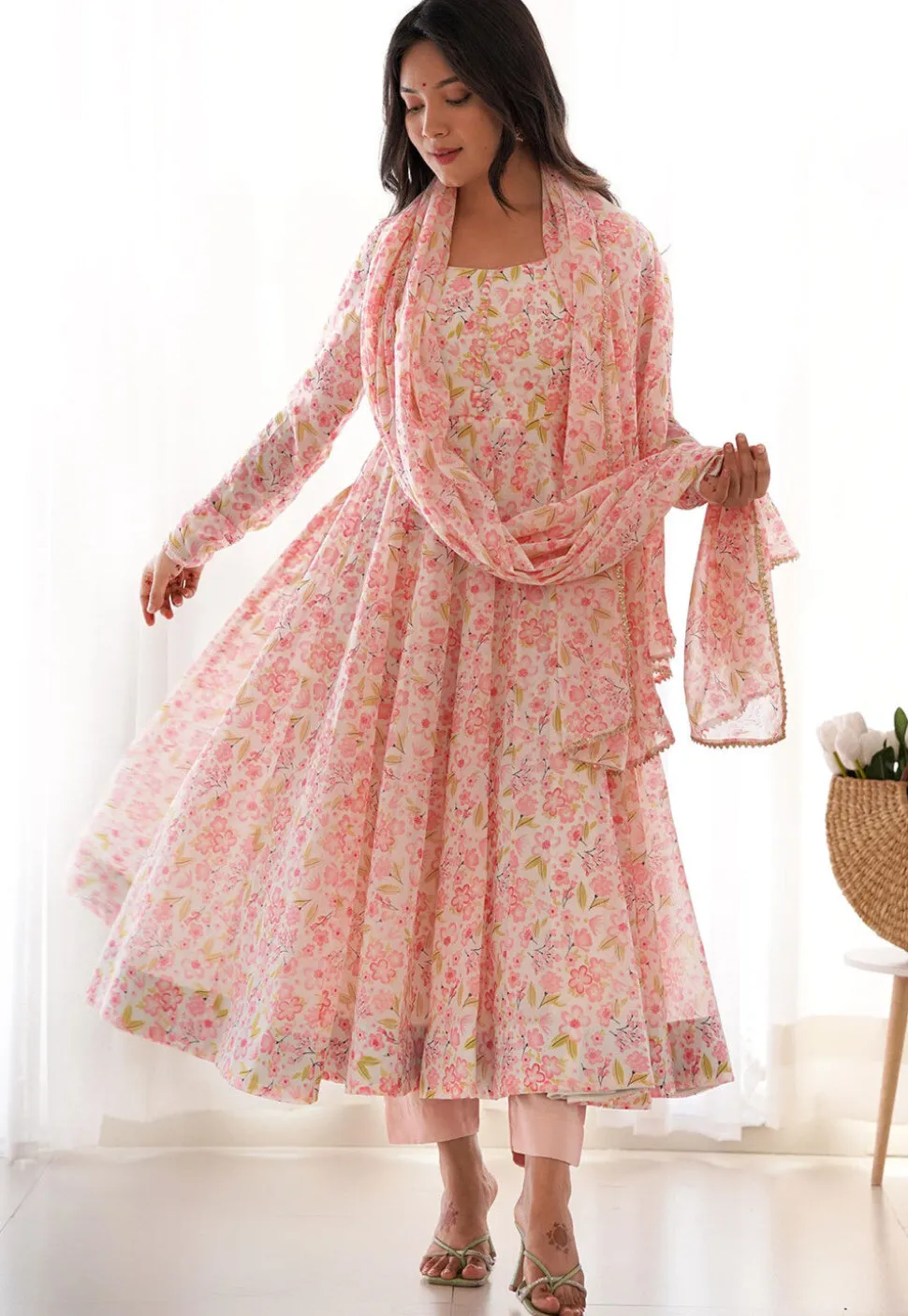Digital Printed Chiffon A Line Suit in Off White