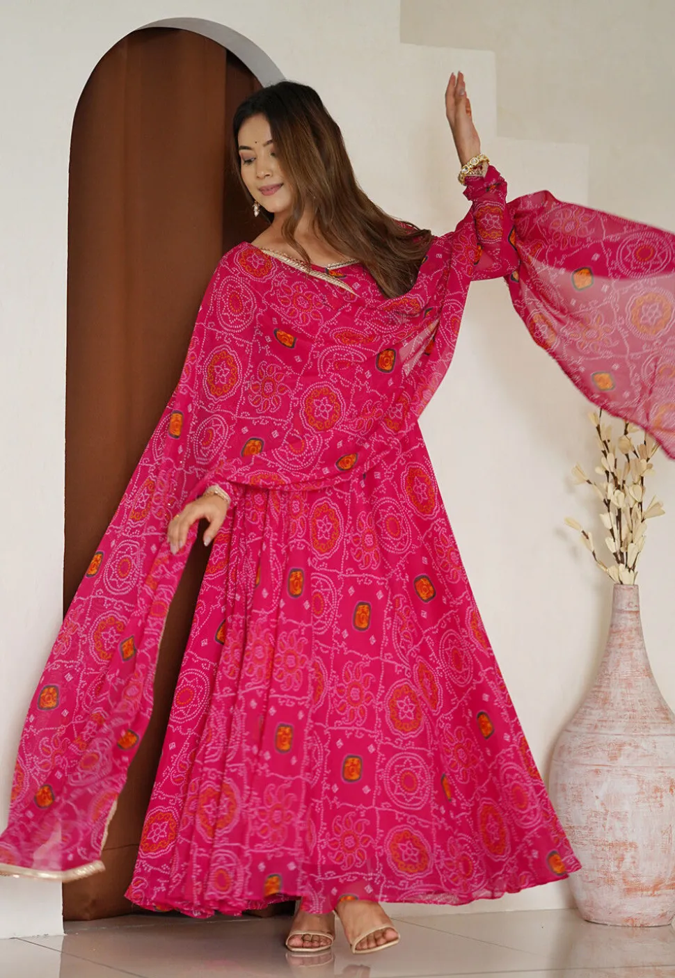 Digital Printed Chiffon Abaya Style Suit in Fuchsia