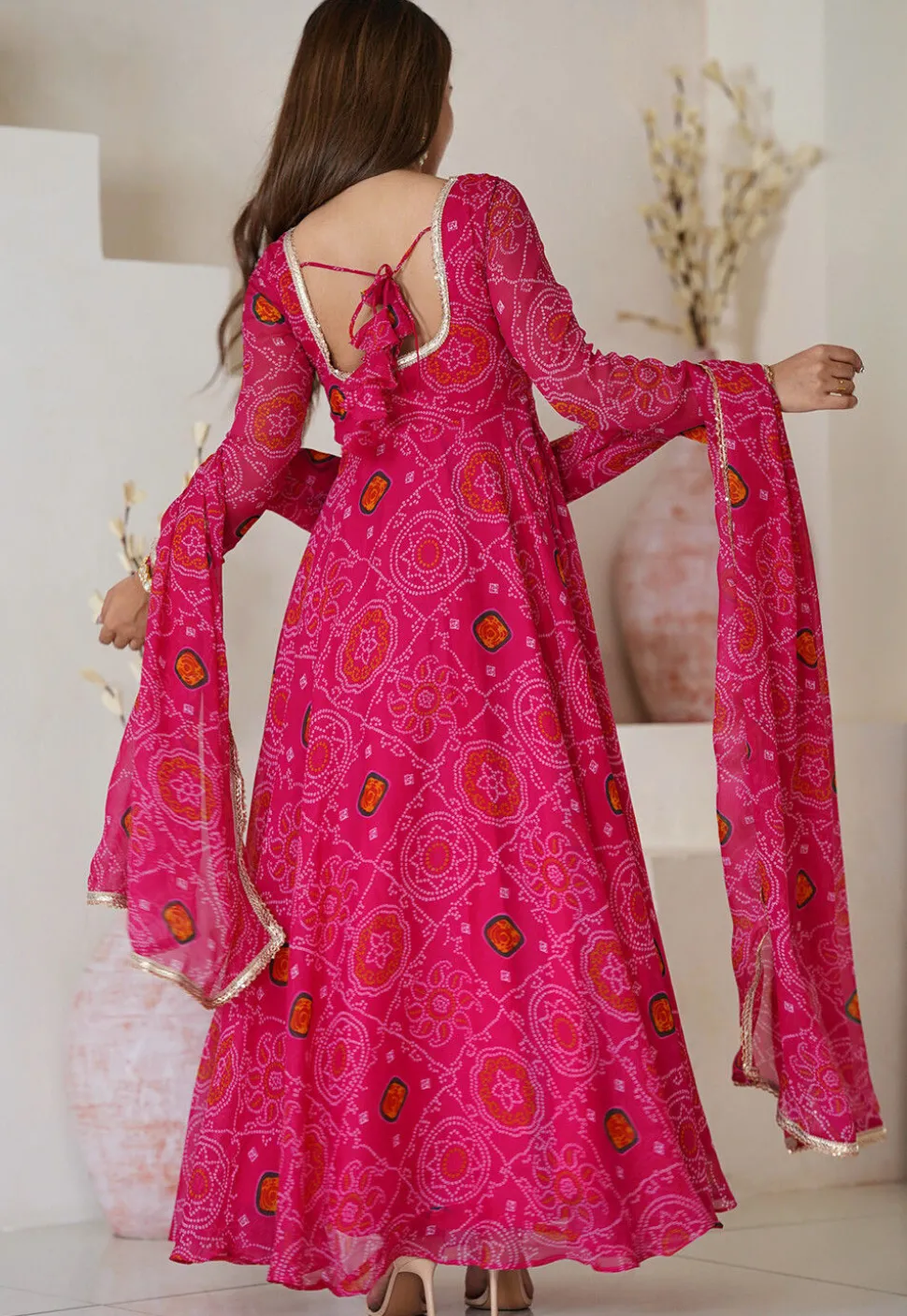 Digital Printed Chiffon Abaya Style Suit in Fuchsia