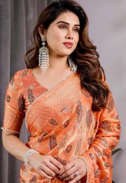 Digital Printed Chiffon Brasso Saree in Orange