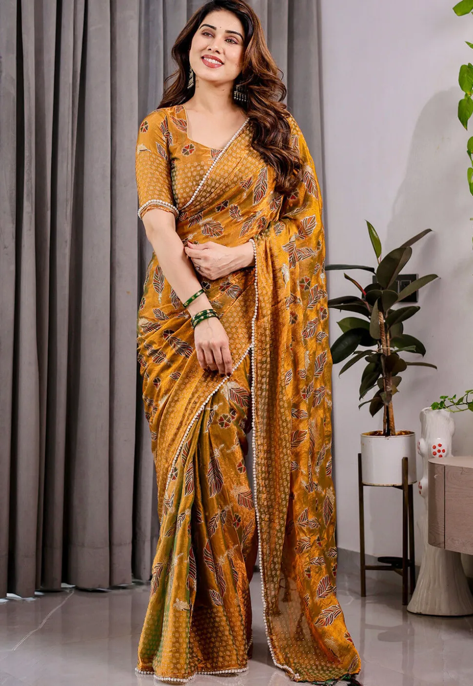 Digital Printed Chiffon Brasso Saree in Mustard
