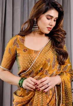 Digital Printed Chiffon Brasso Saree in Mustard