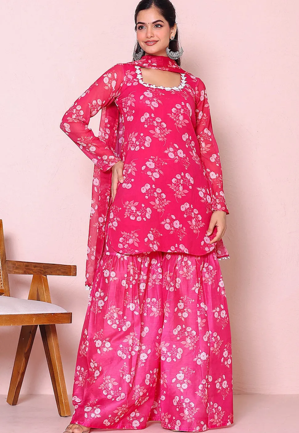 Digital Printed Chiffon Pakistani Suit in Fuchsia