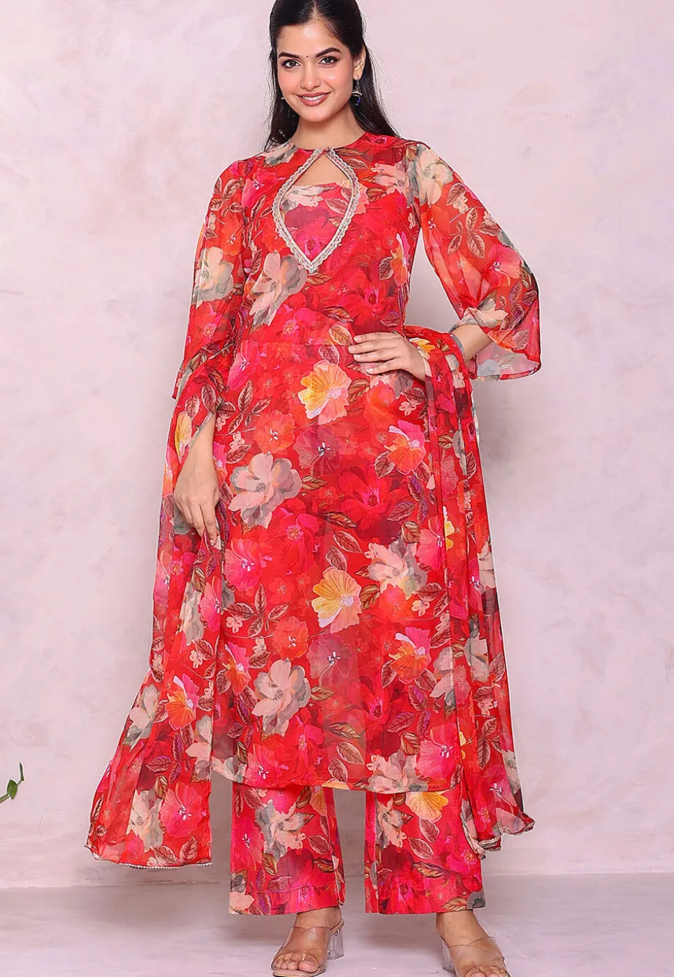 Digital Printed Chiffon Pakistani Suit in Red