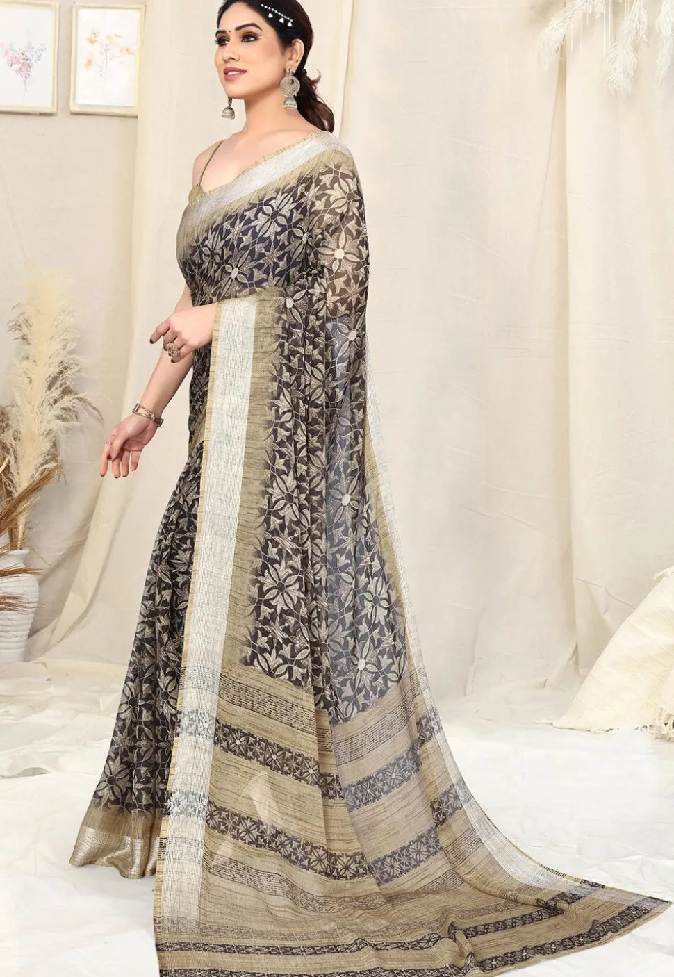 Digital Printed Chiffon Saree in Black