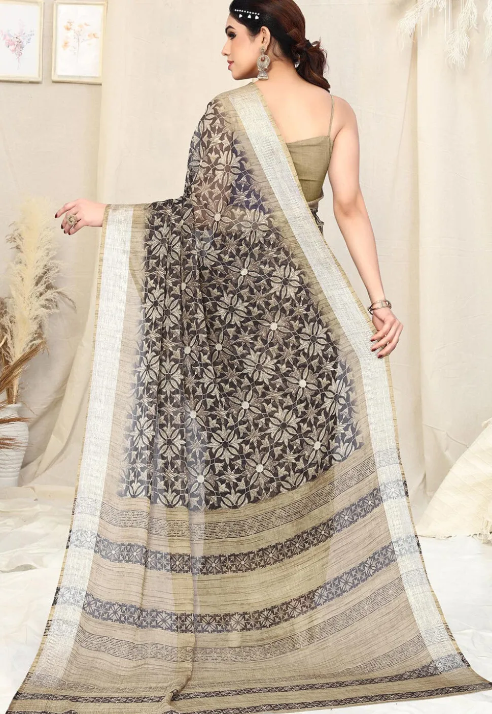 Digital Printed Chiffon Saree in Black