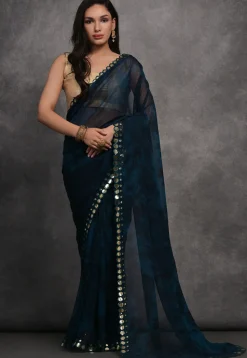 Digital Printed Chiffon Saree in Dark Blue