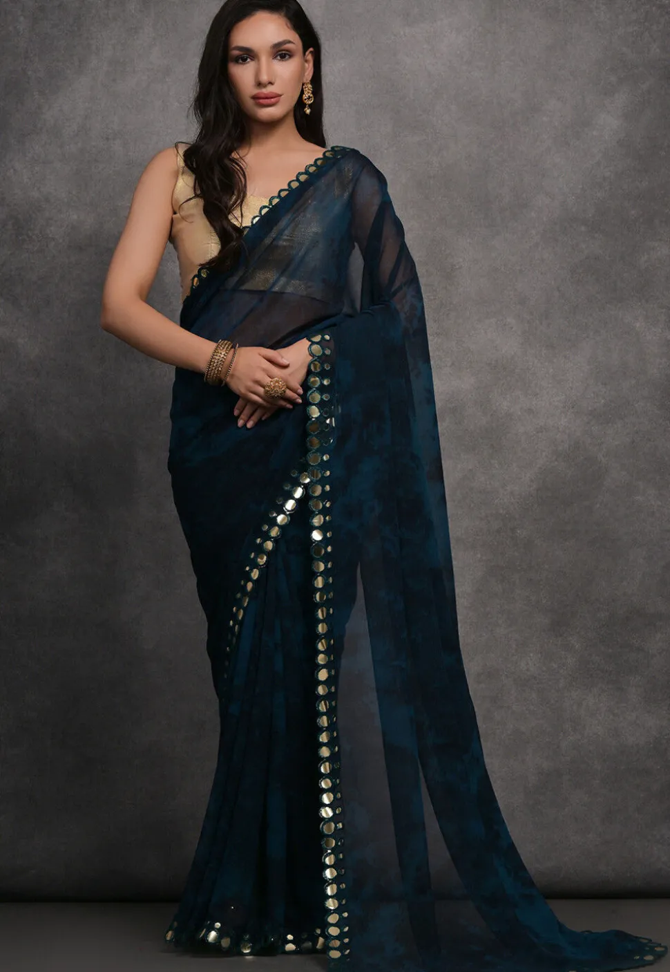 Digital Printed Chiffon Saree in Dark Blue