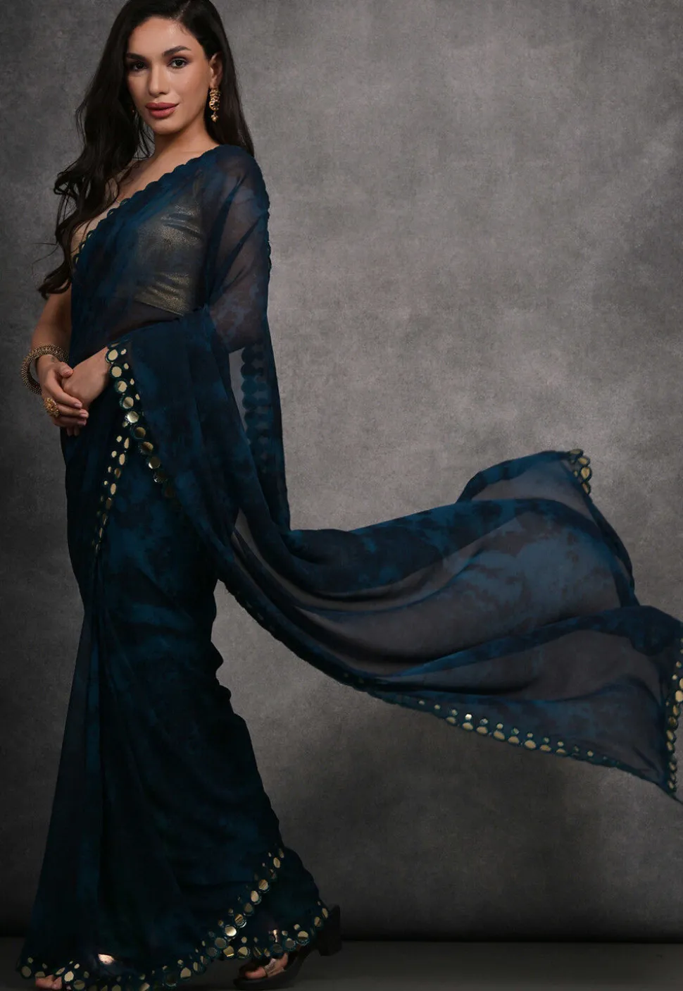 Digital Printed Chiffon Saree in Dark Blue