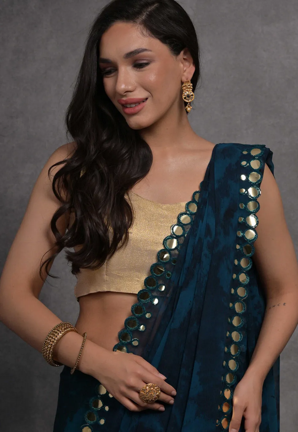 Digital Printed Chiffon Saree in Dark Blue