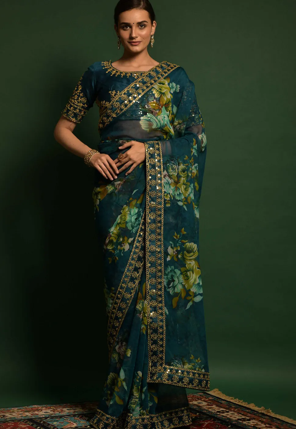 Digital Printed Chiffon Saree in Teal Blue