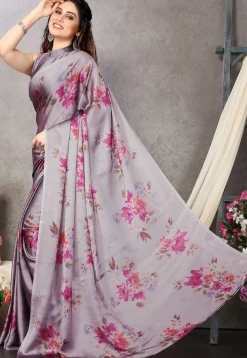 Digital Printed Chiffon Saree in Grey and Pink Dual Tone