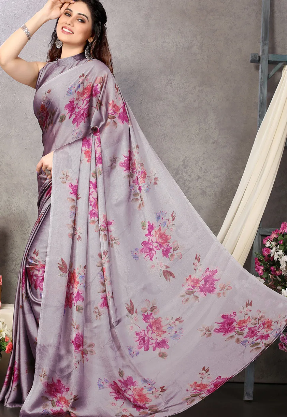Digital Printed Chiffon Saree in Grey and Pink Dual Tone