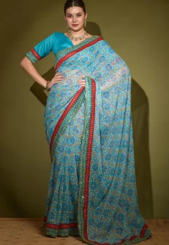 Digital Printed Chiffon Saree in Sky Blue
